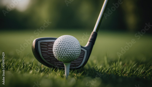 Close up golf club and ball on green grass lawn of course background. Sport game concept.