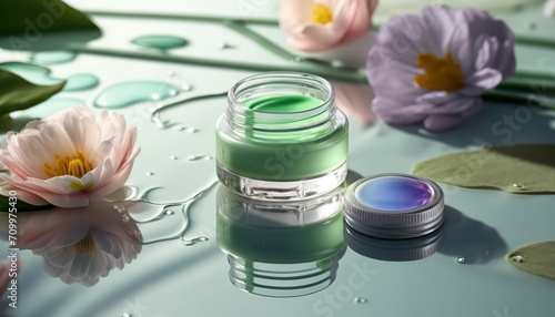Glass cosmetic jar with skin care moisturizer cream on spring pond water background, mockup for eco beauty product. Outdoor nature background. photo