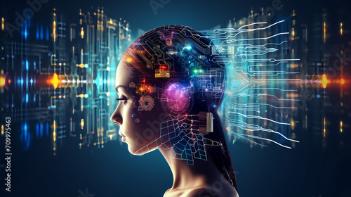 Artificial intelligence in humanoid head.  artificial intelligence face. © EwaStudio
