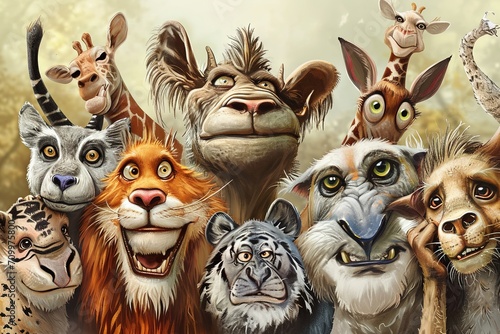 group of animals gather for a caricature party, each one sporting exaggerated features and comical expressions.