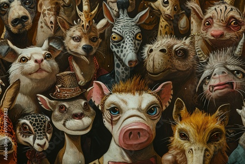 group of animals gather for a caricature party, each one sporting exaggerated features and comical expressions.