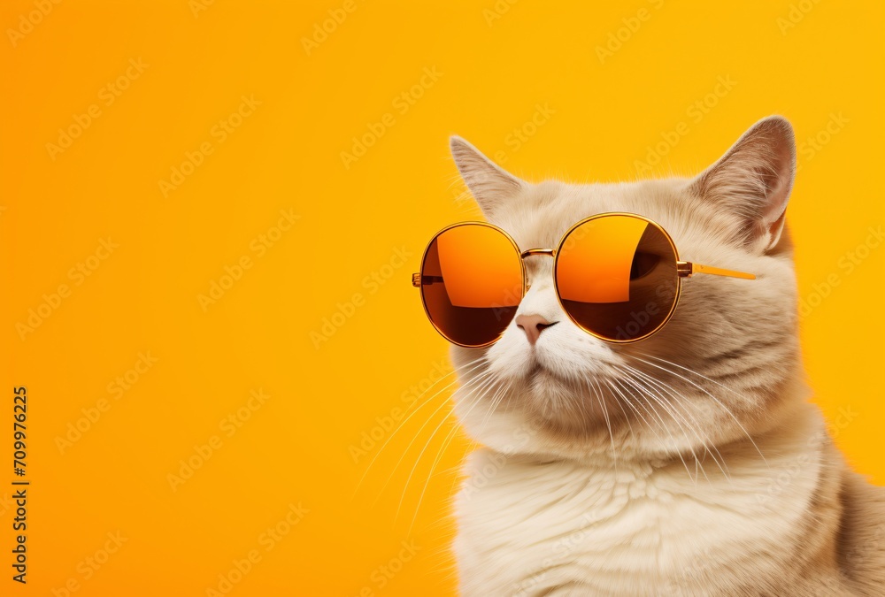 a cat in sunglasses on a yellow background. copy space