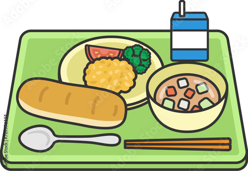 パンの日の、学校給食（線画カラー）のイラスト