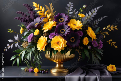 Elegant style floral arrangement in dark grey, purple floral and and lush greenery.