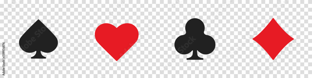 Hearts, clubs, diamonds and spades on an isolated transparent background. Set collection gambling sign symbol of playing card suits and chips for poker and casino. - obrazy, fototapety, plakaty 
