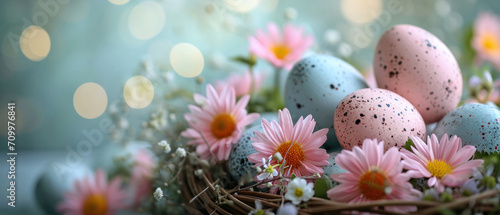 Colourful Easter eggs in the basket with flowers  Easter banner with copy space 