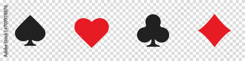 Hearts, clubs, diamonds and spades on an isolated transparent background. Set collection gambling sign symbol of playing card suits and chips for poker and casino. photo