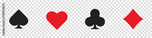 Hearts, clubs, diamonds and spades on an isolated transparent background. Set collection gambling sign symbol of playing card suits and chips for poker and casino.