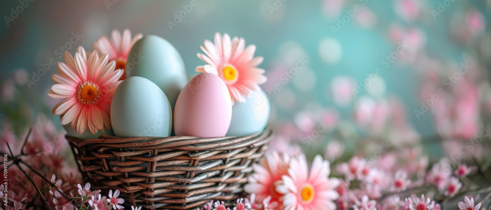 Colourful Easter eggs in the basket with flowers, Easter banner with copy space 