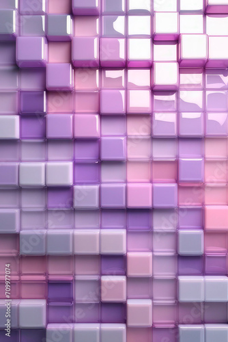 Mosaic cubic geometrical background. Wall decoration in lilac, very light gray, light silver, pastel pink, muted purple pink tones.
