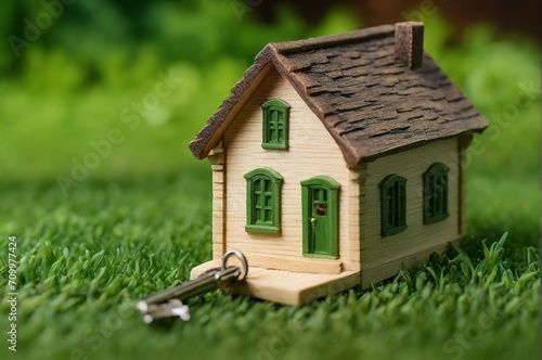 A miniature house and a key on green background. The concept of country life, real estate, privacy, family hearth, toy house. AI generated