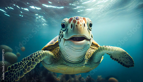 Joyful smiling sea turtle swimming underwater. Generative AI