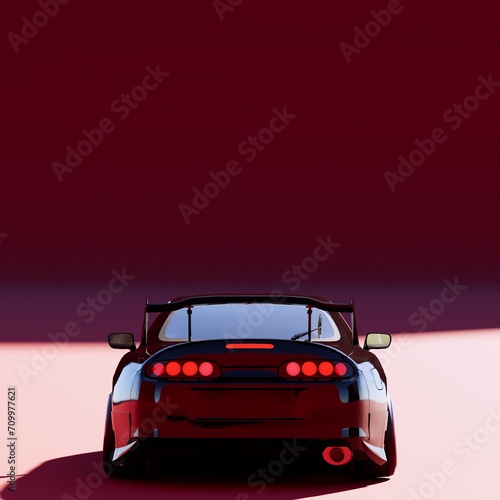 Fotografie 4K Square rear or back view angle a black metalic supercar with red color backgr