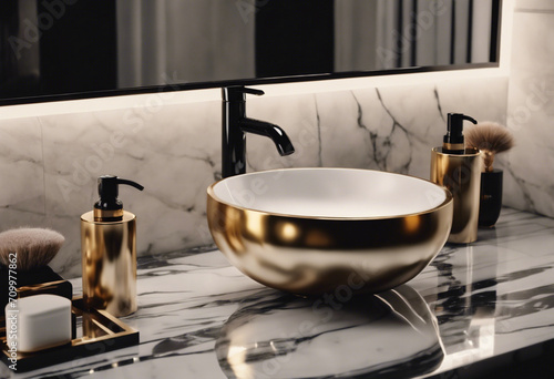 Stile Sofisticato- Interno Bagno Elegante con Toiletries su Marmo Nero e Oro e Lavabo a Vasca Moderno