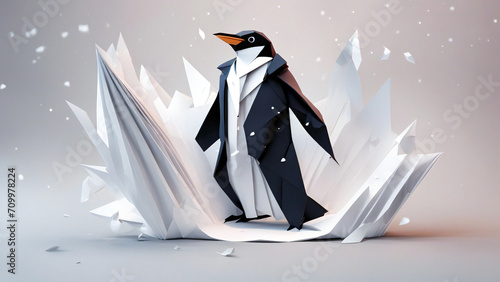 Ein Pinguin im Frack auf einer Eisscholle. Low Poly Komputergrafik.