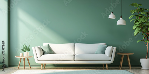 White sofa or couch with side tables on a solid green background, banner size, fresh and calm interior,
