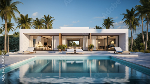 Exterior of amazing modern minimalist cubic villa with large swimming pool among palm trees © Katrin_Primak