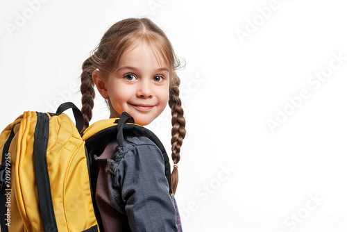 happy smart small student girl with book and bag on white isolated background