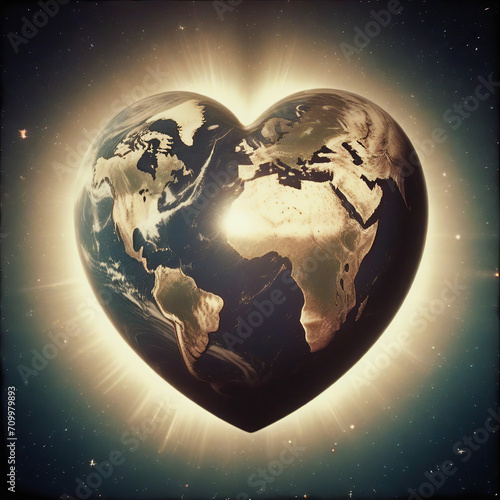 A red heart with planet earth in space, abstract art illustration. photo