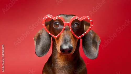 portrait of frustrated dachshund dog in dark heart shaped glasses on red background without emotions indifference in relationship stylized valentine day accessory party gift dating site advertising photo