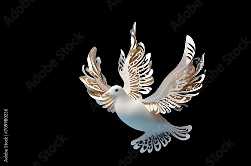 Paper cut flying dove bird isolated on black for the concept of International Day of Living Together in Peace May 16. International Day of Peace September 21. No war. Symbol of Peace. Freedom concept © Sadushi