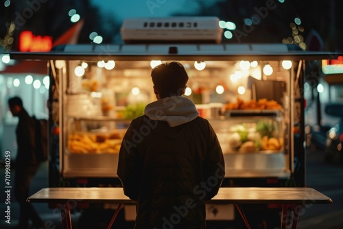 Person from the back and food trailer in the background, bokeh background, urban life and food concept.