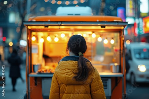 Person from the back and food trailer in the background, bokeh background, urban life and food concept.
