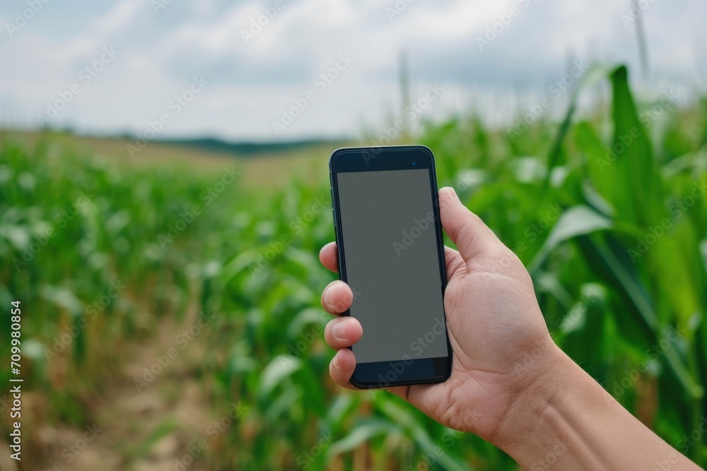 A person's hand holding cell phone in a corn field, agriculture and technology concept.