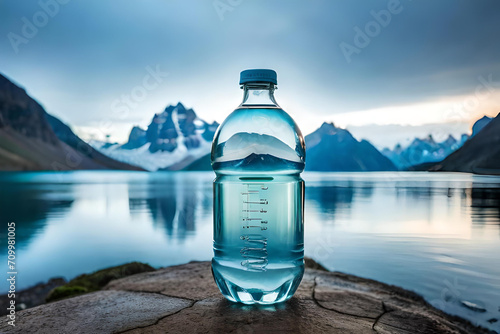 bottle of water in front of a mountain lake , mineral water advertising