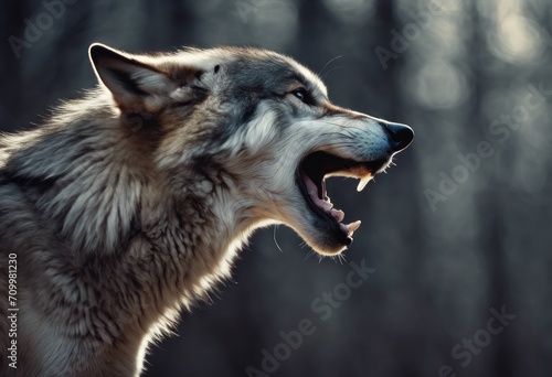 Sinister wolf shifter with red eyes in gloomy night forest shrouded in mist, scary werewolf grin in ominous dark woods ready for attack victim, evil werewolf hunter with red eyes