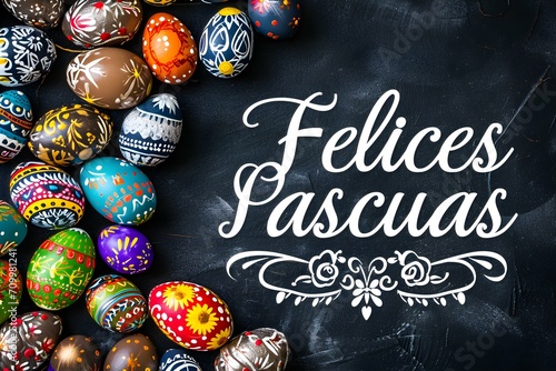 'Felices Pascuas' Text Calligraphy on a Black Background with Colorful Easter Eggs. Easter Card Template