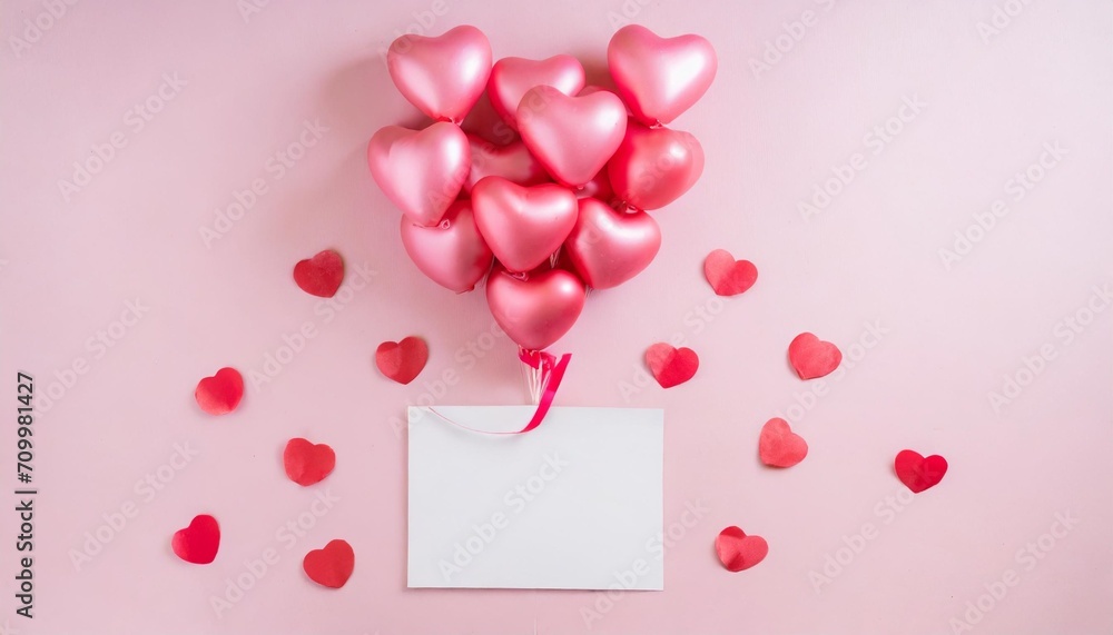 valentine day concept creative layout with balloon made of valentine hearts and blank paper card on pink background flat lay top view