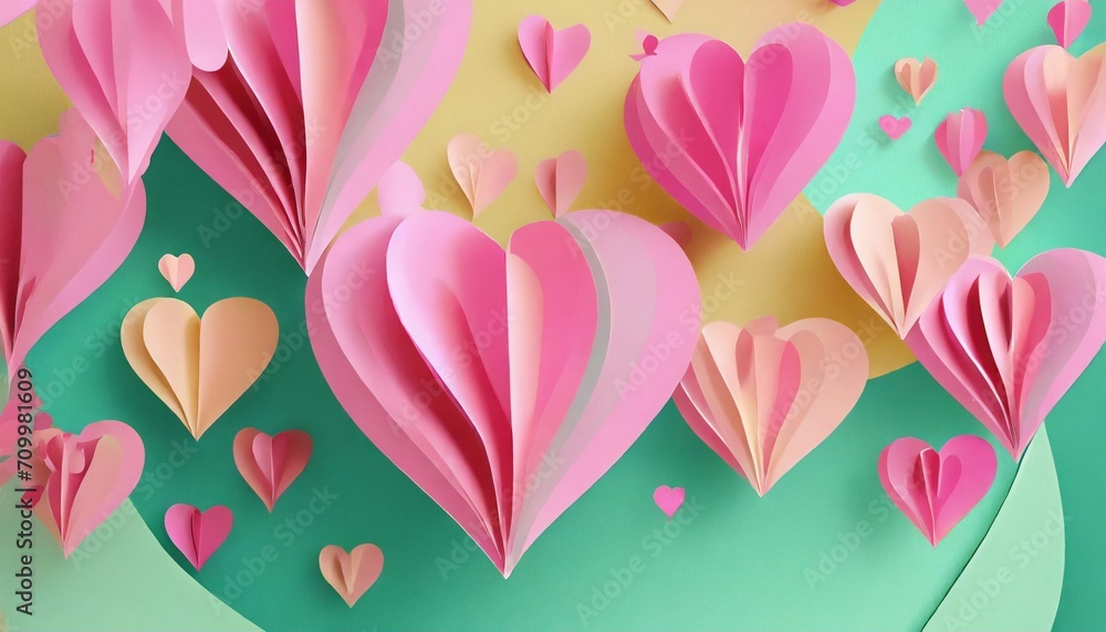 pink hearts floating in ther over colorful background in the style of animated gifs delicate paper cutouts soft sculptures