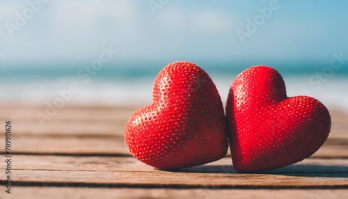 two red valentine s hearts standing on wooden table with soft romantic background