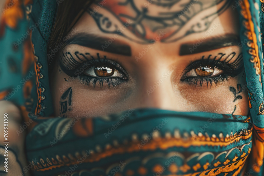Close up of a tattooed face, different cultural rituals 