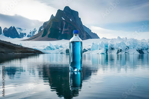 a plstic bottle of water in front of a mountain lake photo