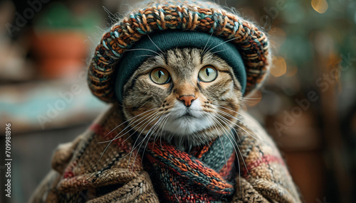 Süße Katze mit Wollmütze und Wallmantel