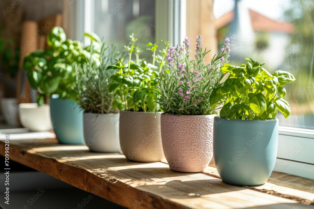 Plants in the pots on the windowsill Plants in the pots on the windowsill