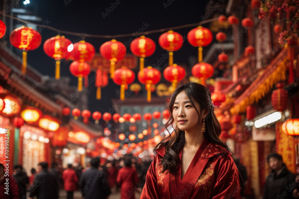 The audience in the energetic celebration of Chinese Lunar New Year in Chinatown. Enhance the festive aura with a defocused background