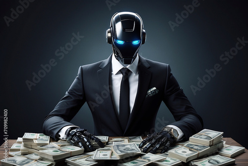 Robot wearing a black suit and holding money. Generative AI. photo
