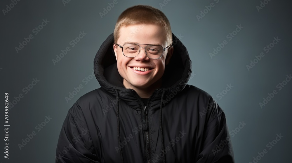 Obraz premium Portrait studio shot a man with Down syndrome who smiles happy every day. AI generated image