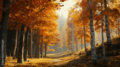 Autumn fairy tale forests, where trees are clothed in golden and orange clothes