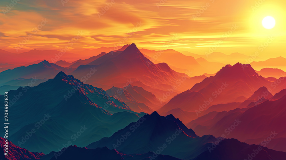 The abstract silhouettes of the mountains, surrounded by bright light and shadows, like a picture