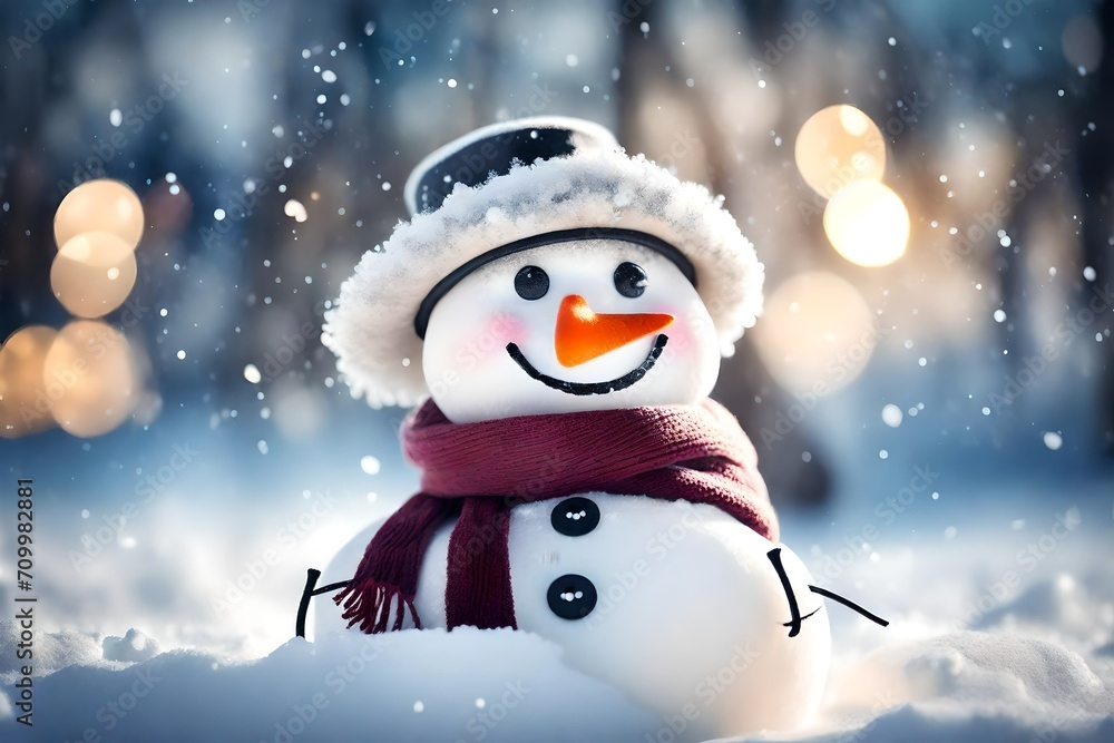 Winter holiday christmas background banner - Closeup of cute funny laughing snowman with wool hat and scarf, on snowy snow snowscape with bokeh lights  