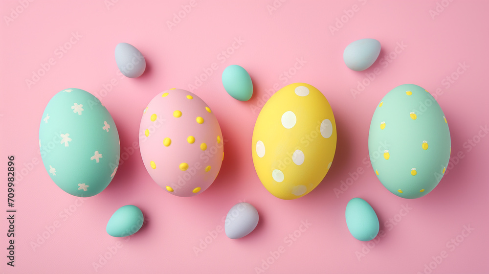 Big and small colorful dotted Easter eggs on pink background