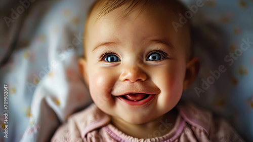 Portrait of a smiling baby with eyes full of curiosity