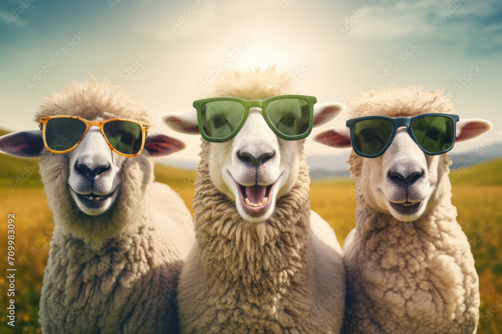 Funny sheep wearing in sunglasses in a field.	