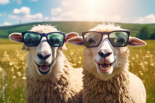 Funny sheep wearing in sunglasses in a field. 