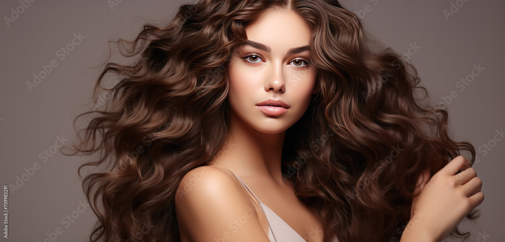 Woman with curly long healthy hair, Healthy Hair banner Woman with curly long healthy hair, Healthy Hair banner