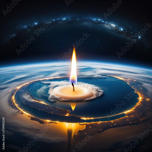 Planet earth burning in a candle with bokeh background. 3D illustration.
